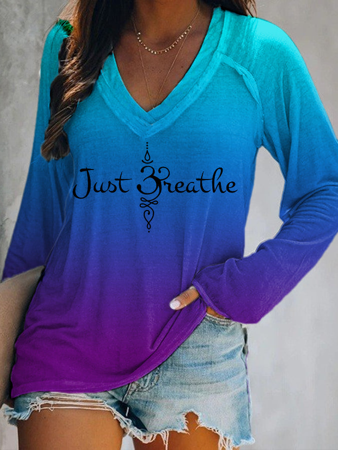 Women's Just Breathe Mental Health Matter Gradient Print Long-Sleeve Top