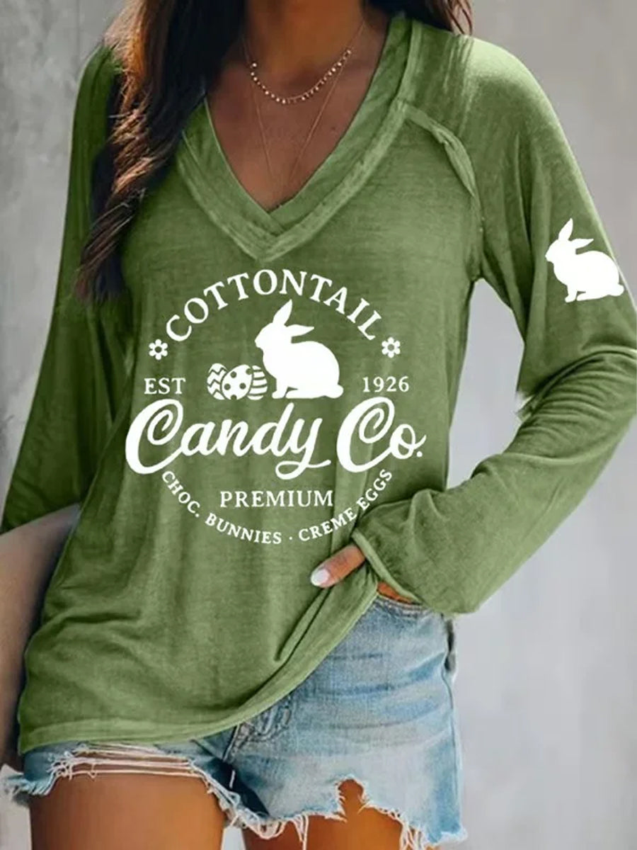 Women's Funny Eatser Cottontail Candy Company  Bunny Printed V-Neck Long Sleeve T-Shirt