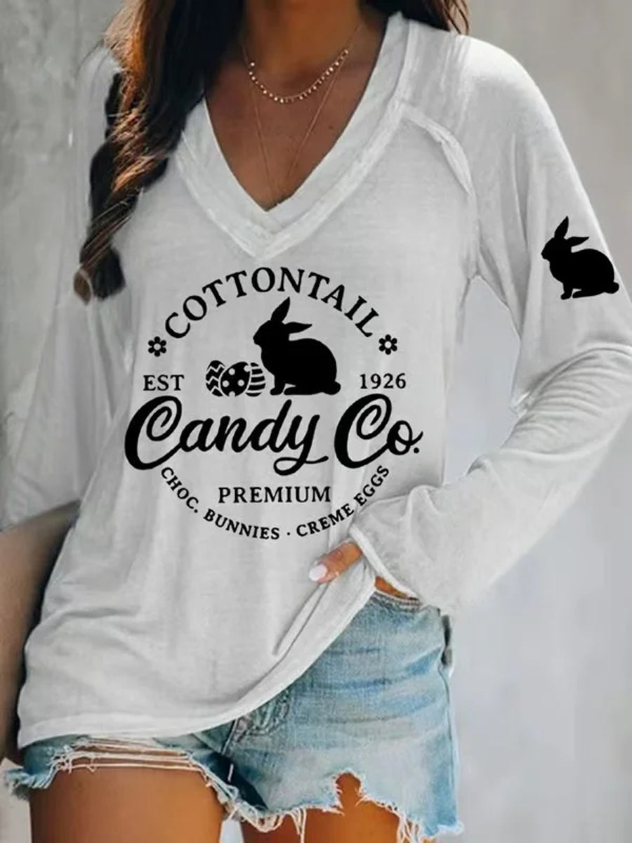 Women's Funny Eatser Cottontail Candy Company  Bunny Printed V-Neck Long Sleeve T-Shirt