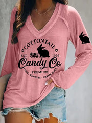 Women's Funny Eatser Cottontail Candy Company  Bunny Printed V-Neck Long Sleeve T-Shirt