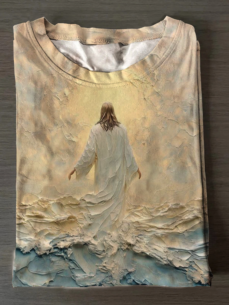 Women's Oil Painting Jesus Back Printed Round Neck T-shirt