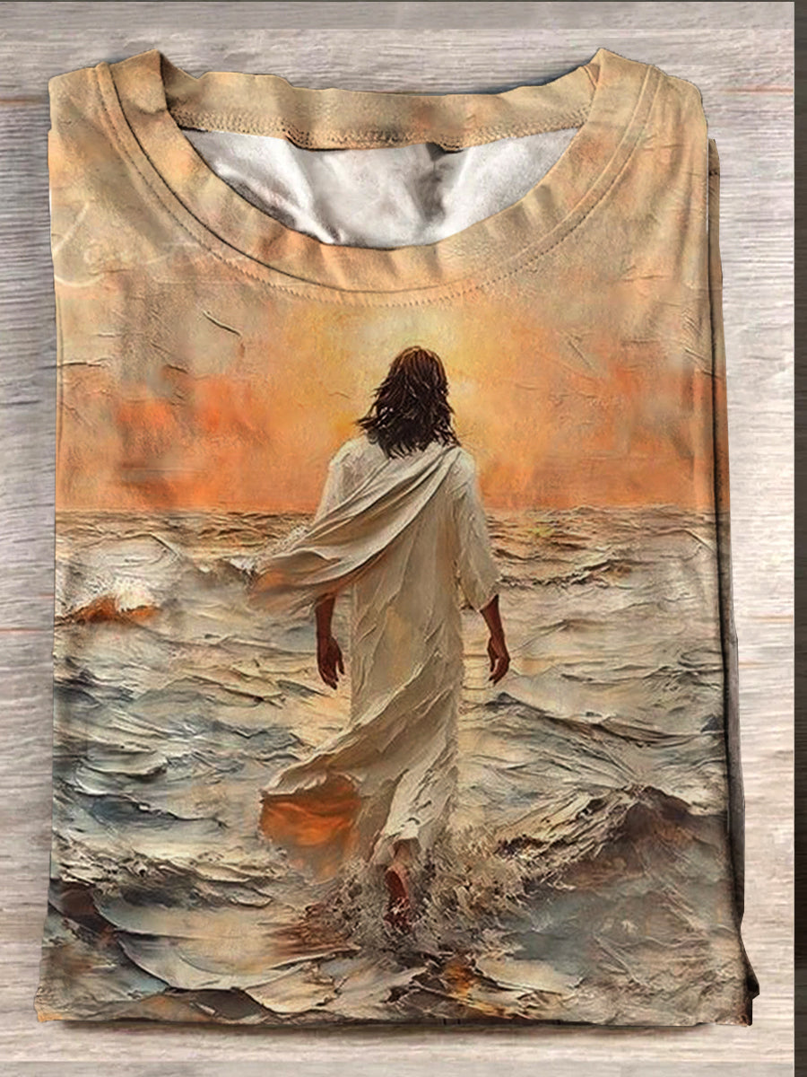 Women's Oil Painting Jesus Back Print T-shirt