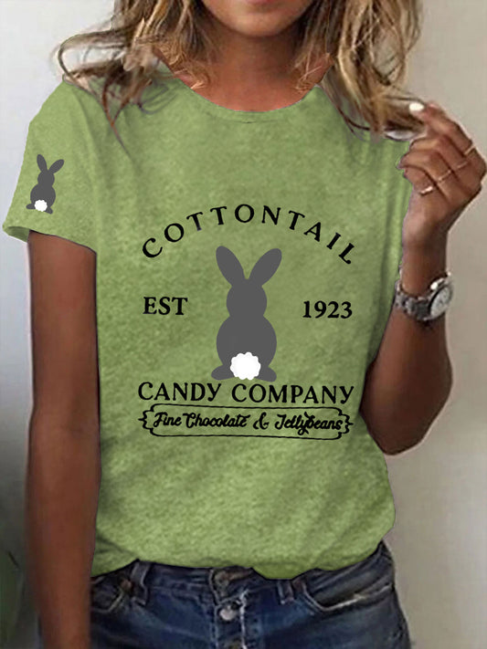 Women's Eatser Cute Bunny Cottontail Candy Company Printed O-Neck Short Sleeve T-Shirt