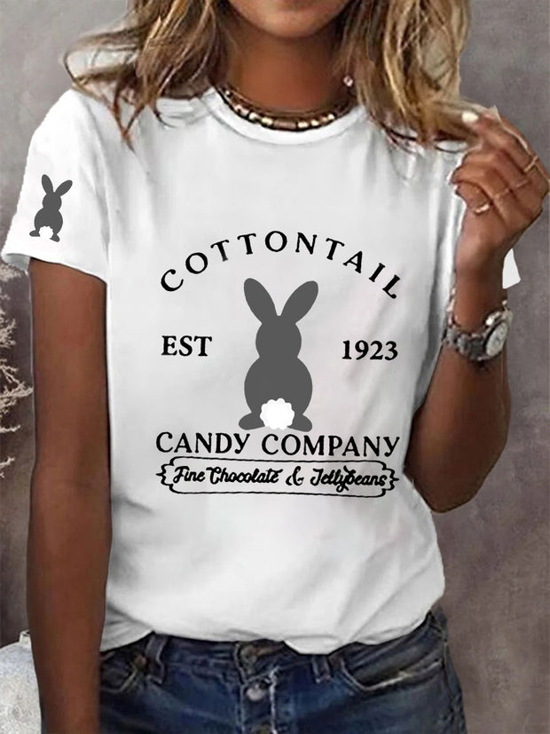 Women's Eatser Cute Bunny Cottontail Candy Company Printed O-Neck Short Sleeve T-Shirt