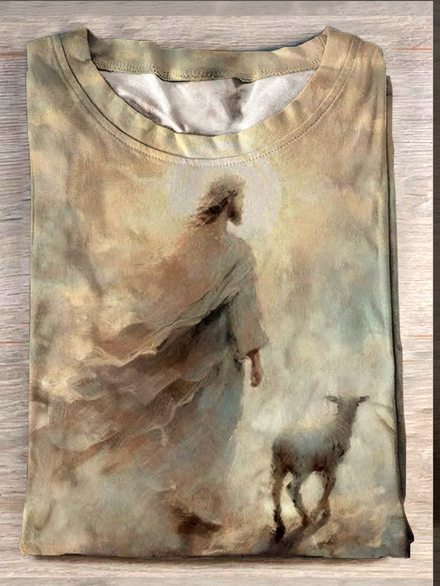 Women's Oil Painting Jesus and Lamb Print T-shirt