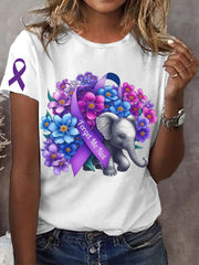 Women's Alzheimer's Disease Awareness Forget-Me-Not Elephant Purple Ribbon Print T-Shirt