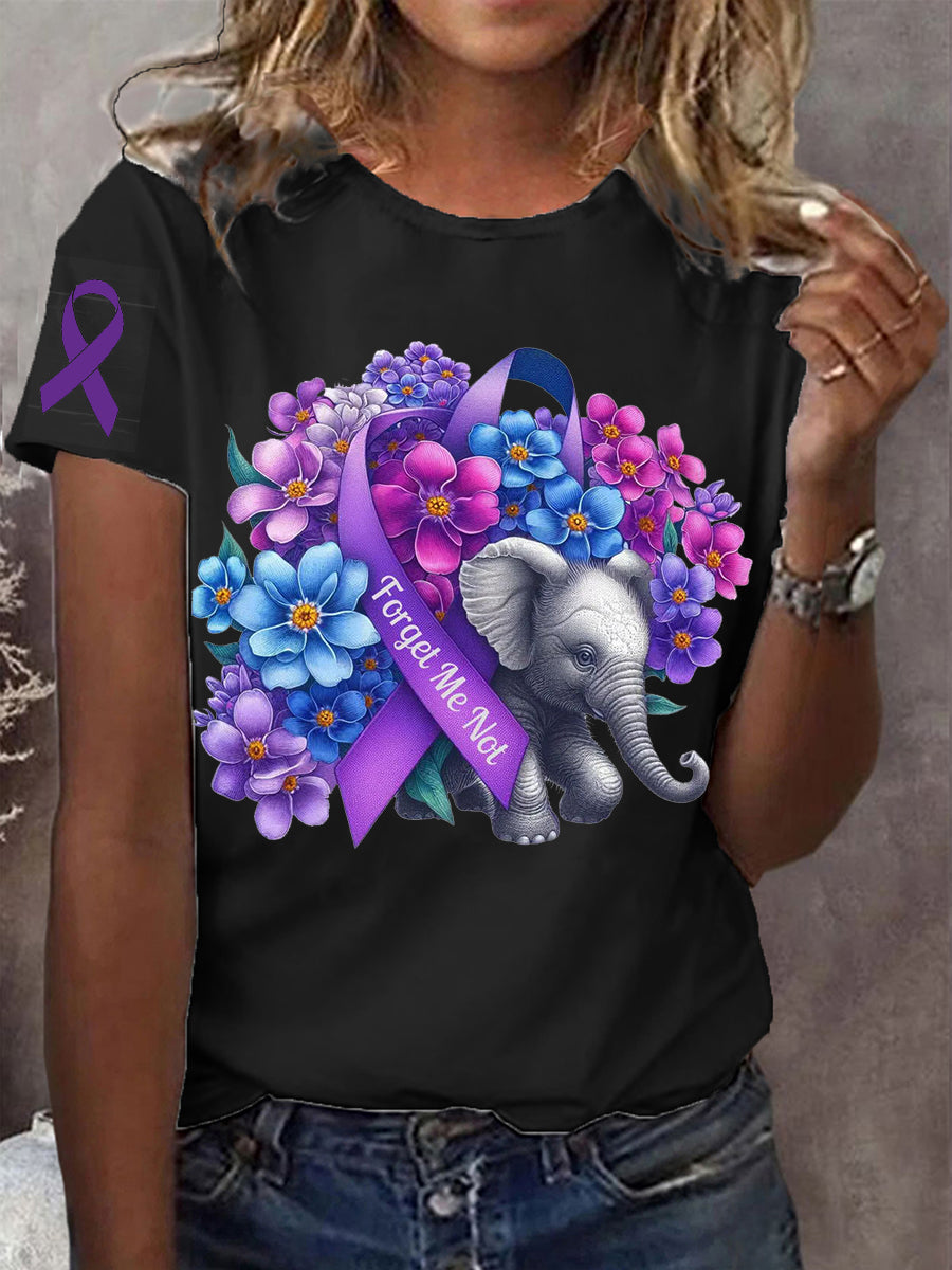 Women's Alzheimer's Disease Awareness Forget-Me-Not Elephant Purple Ribbon Print T-Shirt