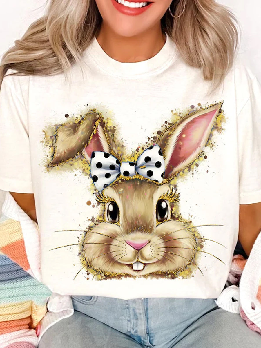 Women's Eatser Cute Bunny Pattern Printed O-Neck Short Sleeve T-Shirt