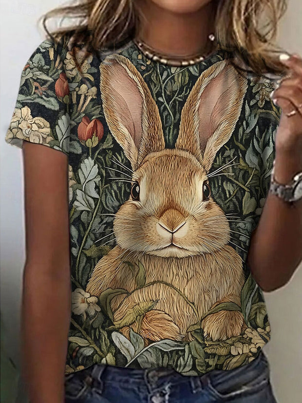 Women's Easter Vintage Floral Bunny Printed T-shirt