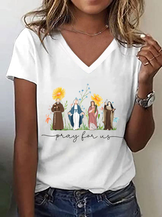 Women's Faith Pray For Us Printed V-neck T-shirt