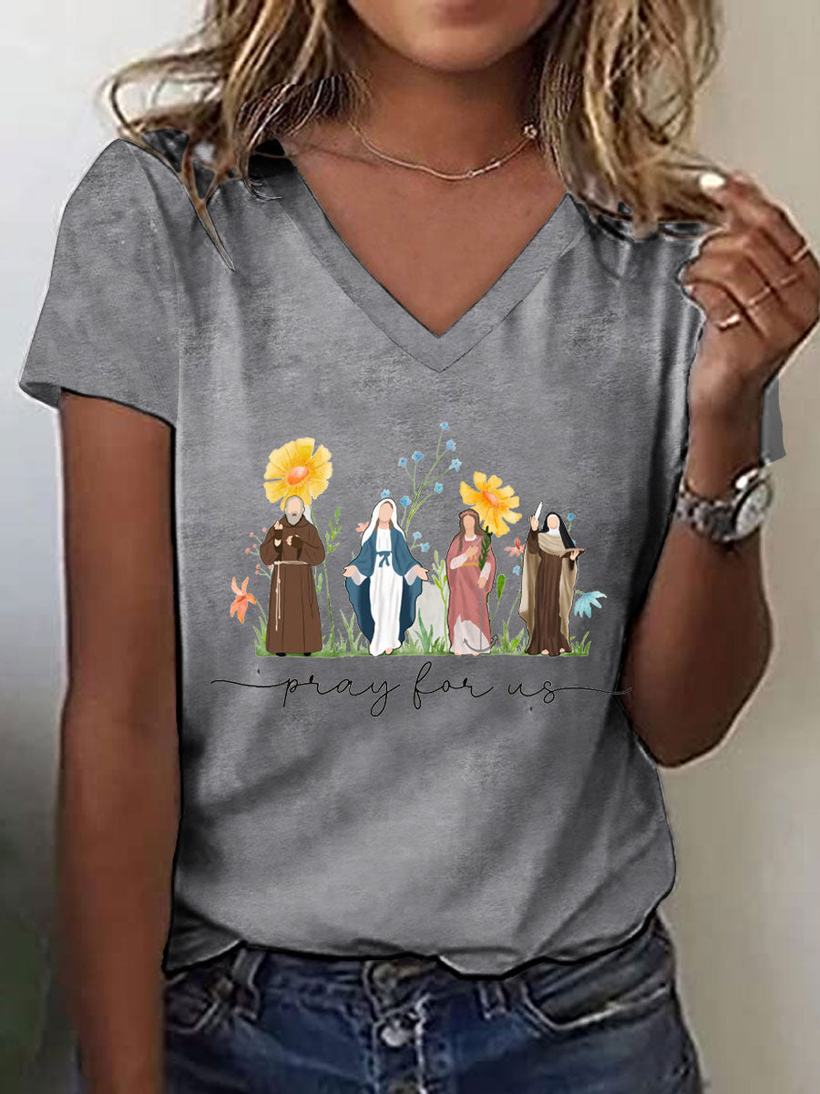 Women's Faith Pray For Us Printed V-neck T-shirt