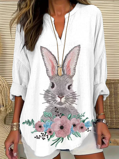 Women's Eatser Cute Bunny Pattern Printed V-Neck Long Sleeve Shirt