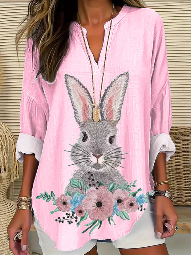 Women's Eatser Cute Bunny Pattern Printed V-Neck Long Sleeve Shirt