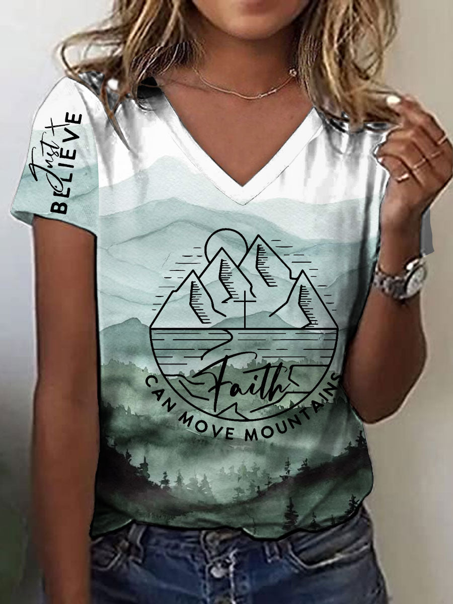 Women's Faith Can Move Mountains Printed V-neck T-shirt