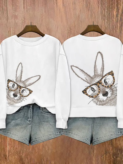 Women's Eatser Cute Bunny Pattern Printed O-Neck Long Sleeve Sweatshirt