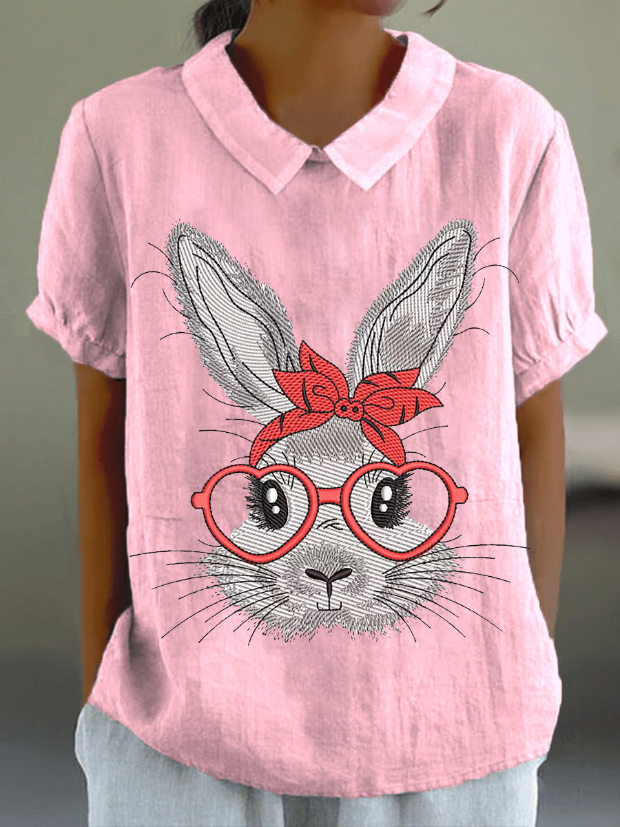 Women's Eatser Cute Bunny Pattern Printed Short Sleeve Cotton Linen Shirt