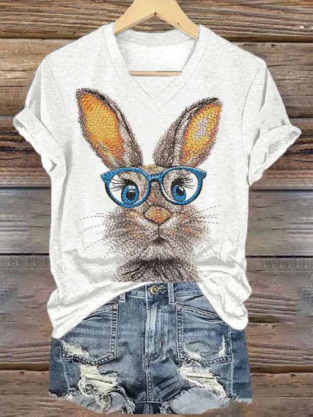 Women's Eatser Cute Bunny Pattern Printed V-Neck Short Sleeve T-Shirt