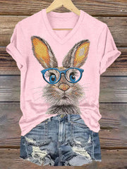 Women's Eatser Cute Bunny Pattern Printed V-Neck Short Sleeve T-Shirt