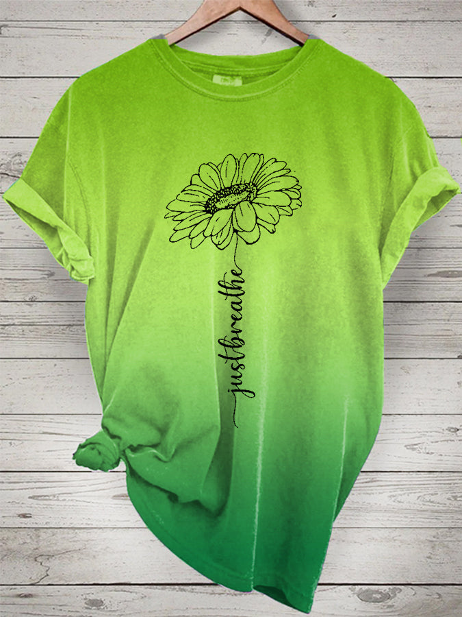 Women's Sunflower Just Breathe Mental Health Matter Gradient Print Tee