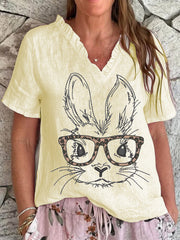 Women's Eatser Cute Bunny Pattern Printed V-Neck Short  Sleeve Shirt