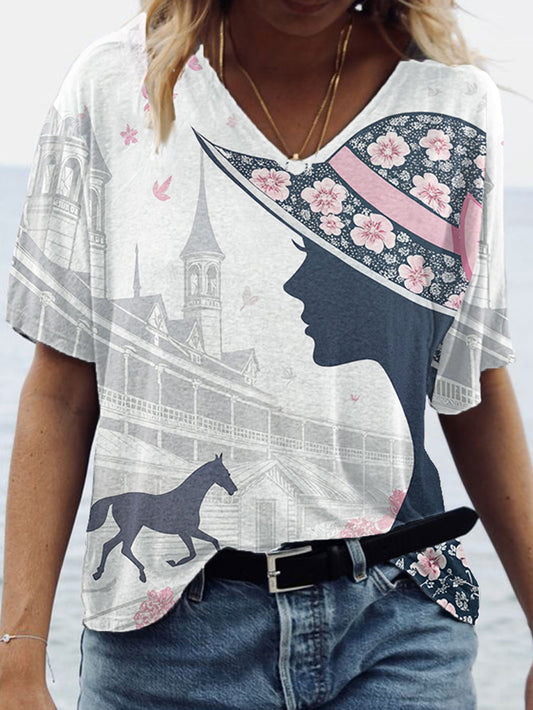 Women's Derby Day Printed V Neck T-Shirt