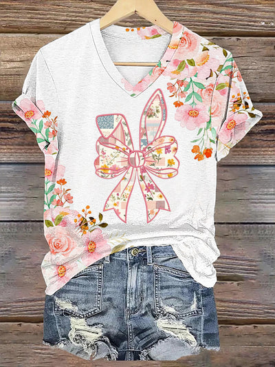 Women's Easter Spring Floral Art Print V-Neck Short Sleeve T-Shirt