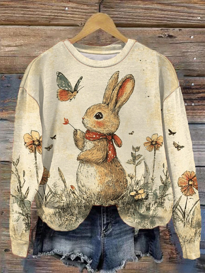 Women's Eatser Cute Bunny  Printed O-Neck Casual Loose Long Sleeve Sweatshirt