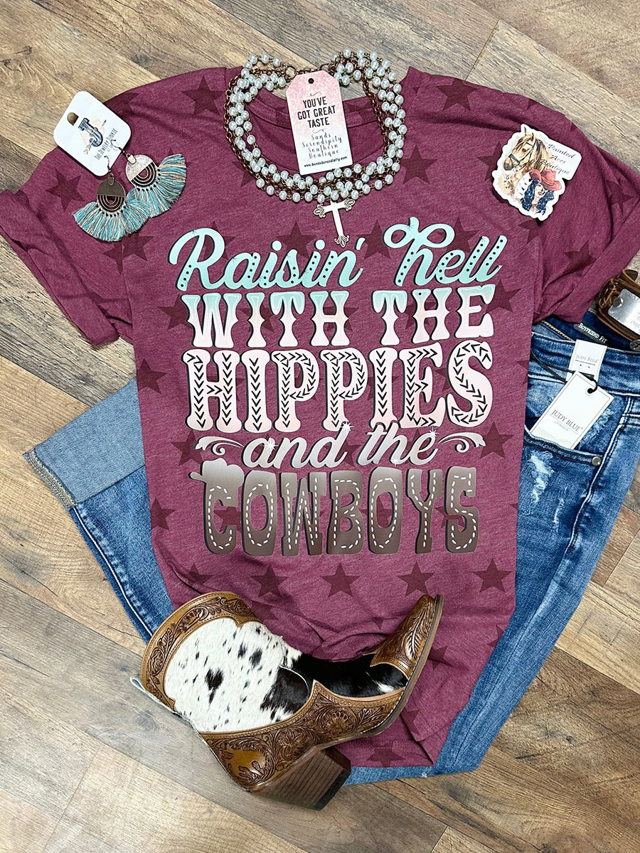 Women's Raisin’ Hell With The Hippies & The Cowboys Printed T-shirt