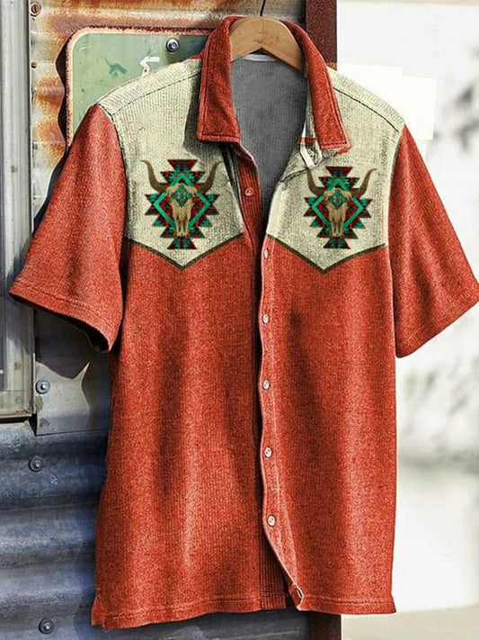 Men's Western Vintage Print Waffle Short Sleeve Shirt