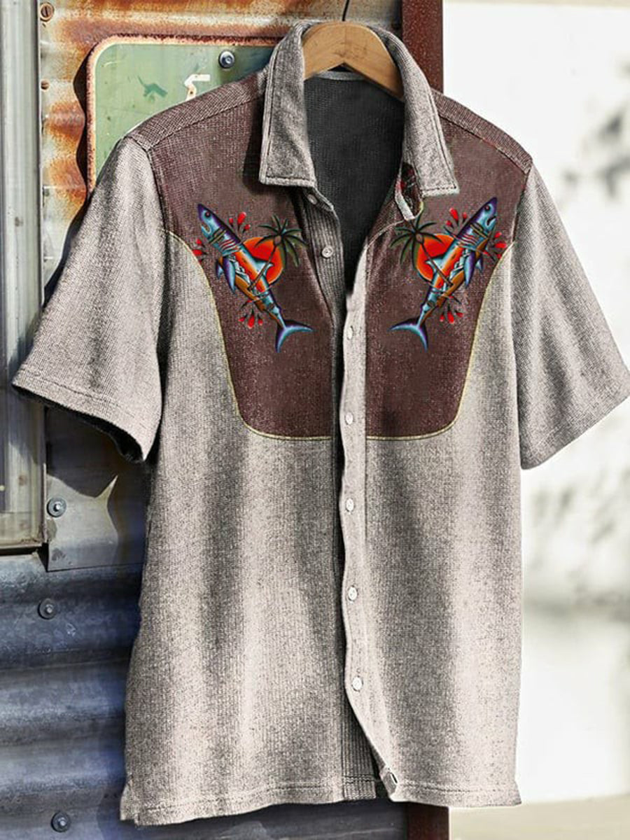 Men's Western Vintage Print Waffle Short Sleeve Shirt