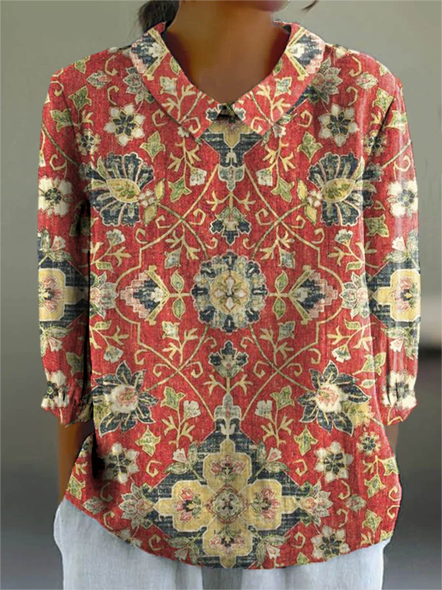 Women's Vintage Lovely Floral Art Print Casual Cotton And Linen 3/4 Sleeve Shirt