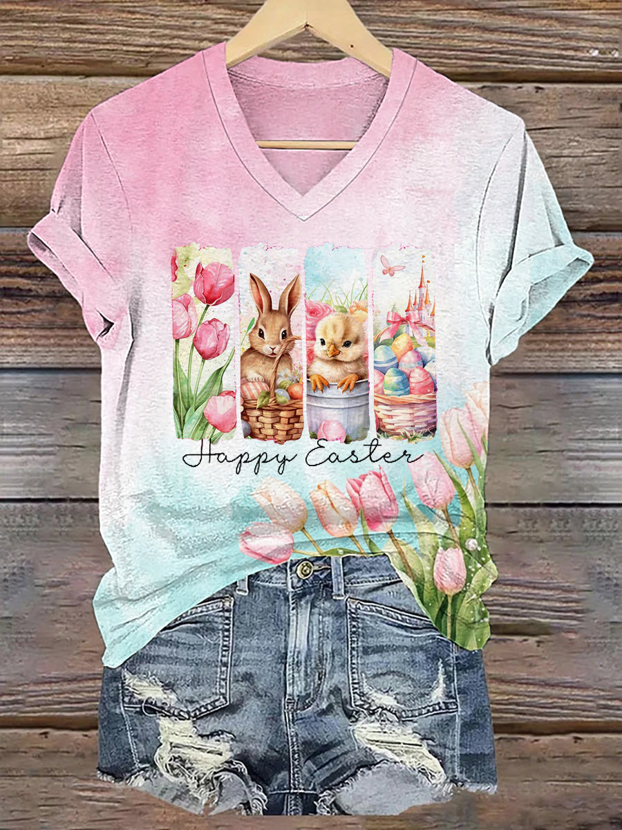 Women's Happy Easter Floral Art Print V-Neck Short Sleeve T-Shirt