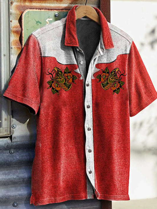 Men's Western Vintage Print Waffle Short Sleeve Shirt