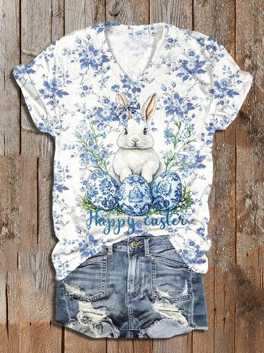 Women's Vintage Happy Easter Bunny Print V-Neck T-Shirt