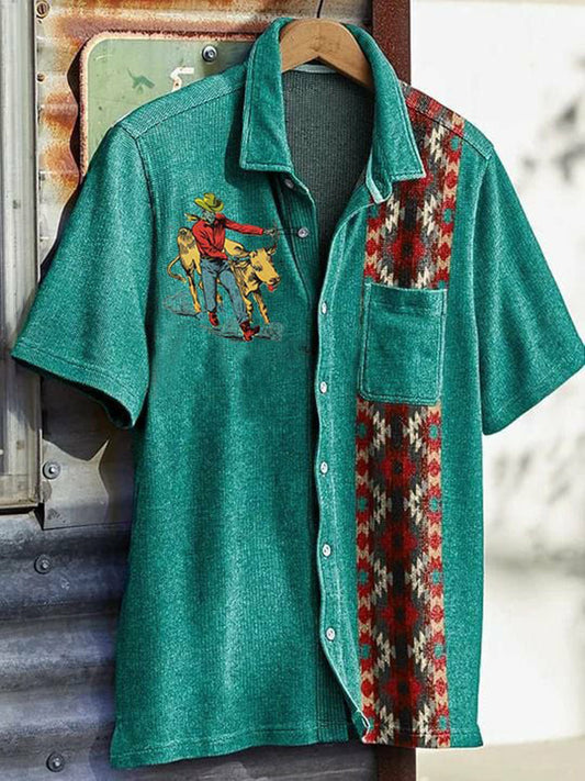 Men's Western Vintage Print Waffle Short Sleeve Shirt