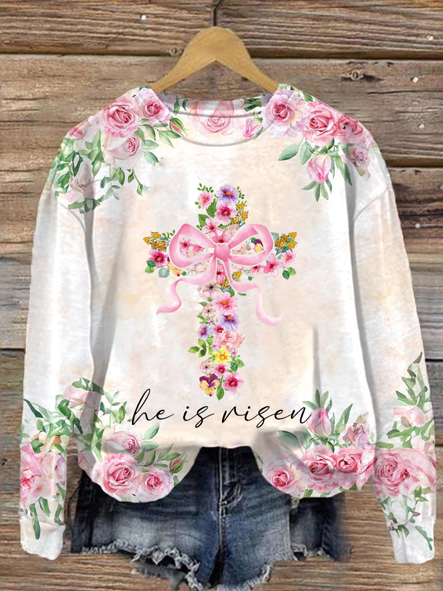 Women's Easter Spring Floral Cross Printed Casual Long Sleeve Sweatshirt