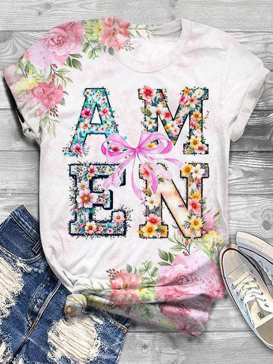 Women's Easter Spring Floral Amen Short Sleeve Round Neck T-Shirt