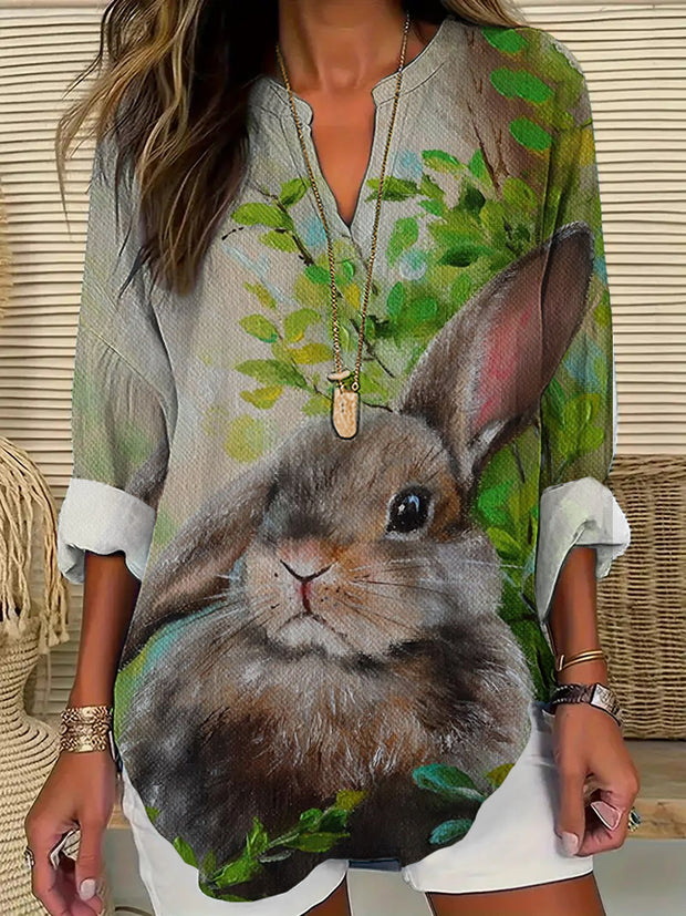 Women's Eatser Cute Bunny  Printed V-Neck Long Sleeve Cotton Linen Shirt