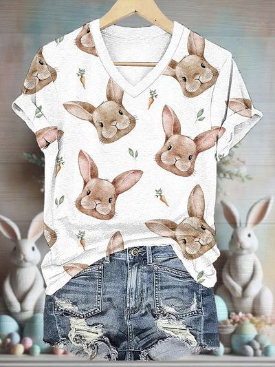 Women's Easter Bunny Print V-Neck Short Sleeve T-Shirt