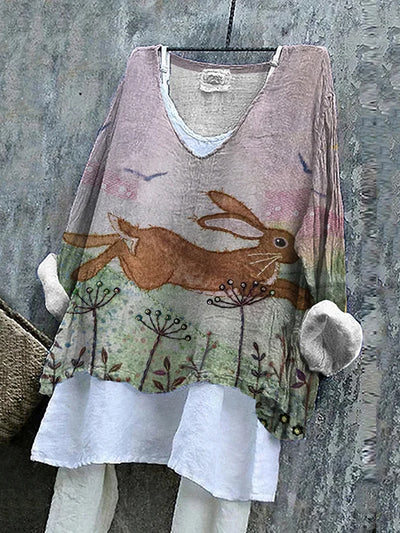 Women's Eatser Cute Bunny  Printed Cotton Linen V-Neck Casual Long Sleeve Shirt