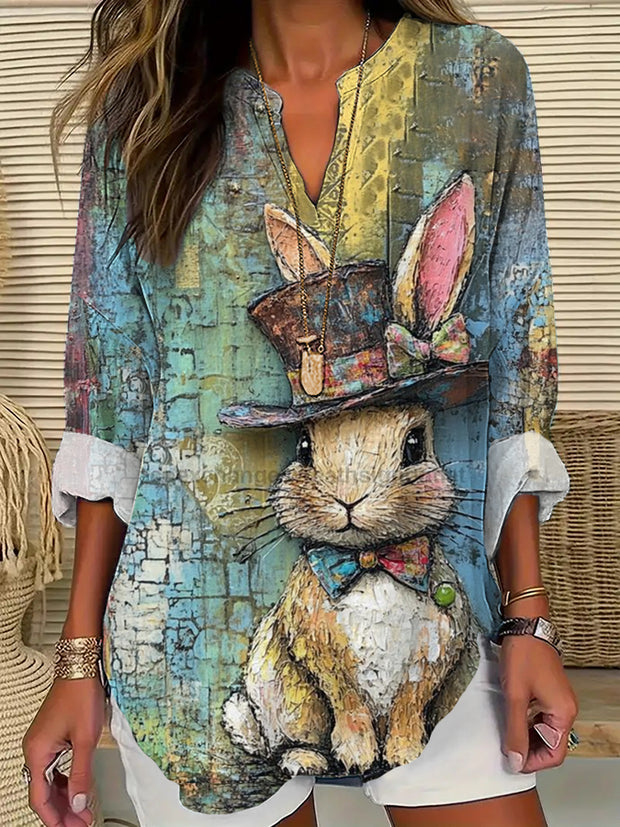 Women's Eatser Cute Bunny In Hat  Printed V-Neck Long Sleeve Cotton Linen Shirt