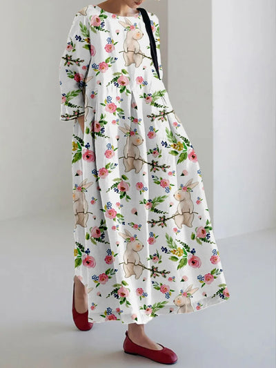 Women's Eatser Cute Bunnies & Flowers Printed Cotton Linen O-Neck Maxi Dress