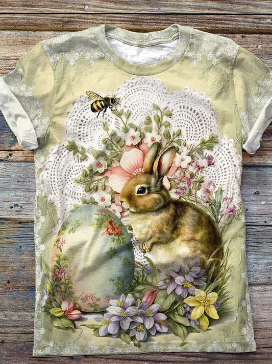 Women's Vintage Easter Bunny & Egg Floral Printed T-Shirt