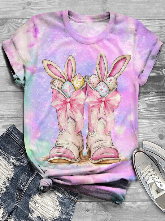 Women's Happy Easter Day Cute Bunny Boots Tie Dye Printed T-Shirt