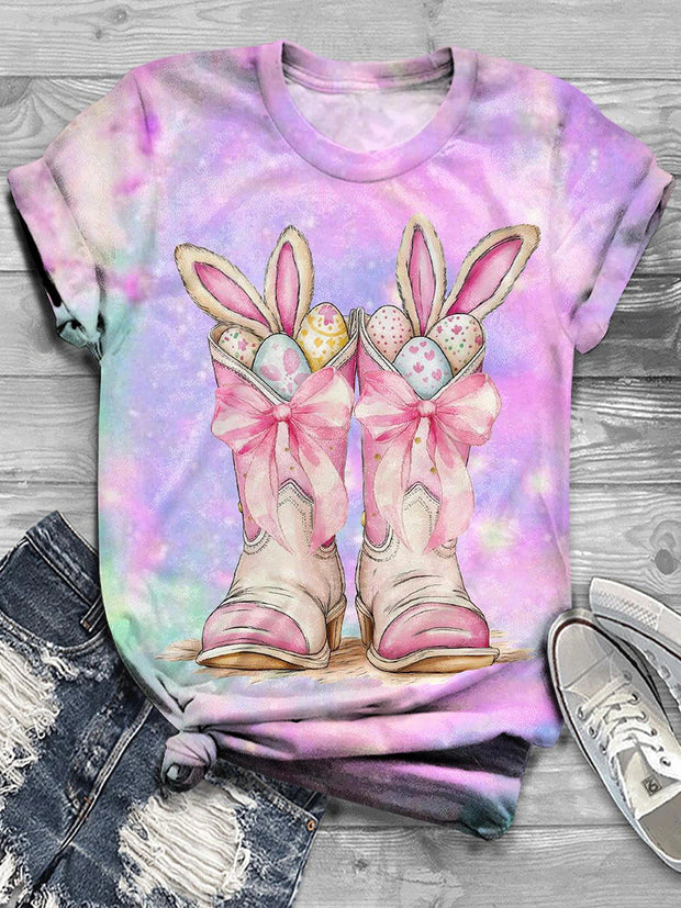 Women's Happy Easter Day Cute Bunny Boots Tie Dye Printed T-Shirt