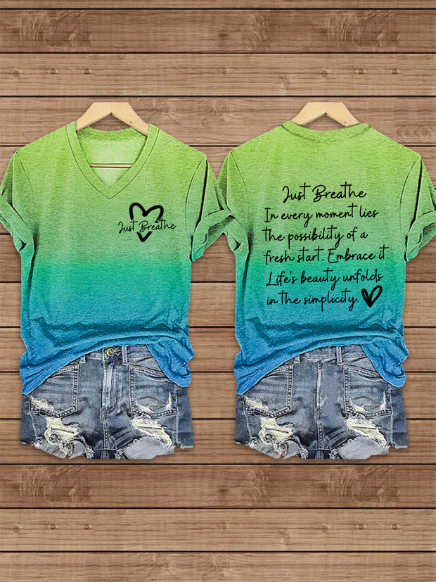 Women's Just Breath Mental Health Awareness Printed V-Neck Short Sleeve T-Shirt