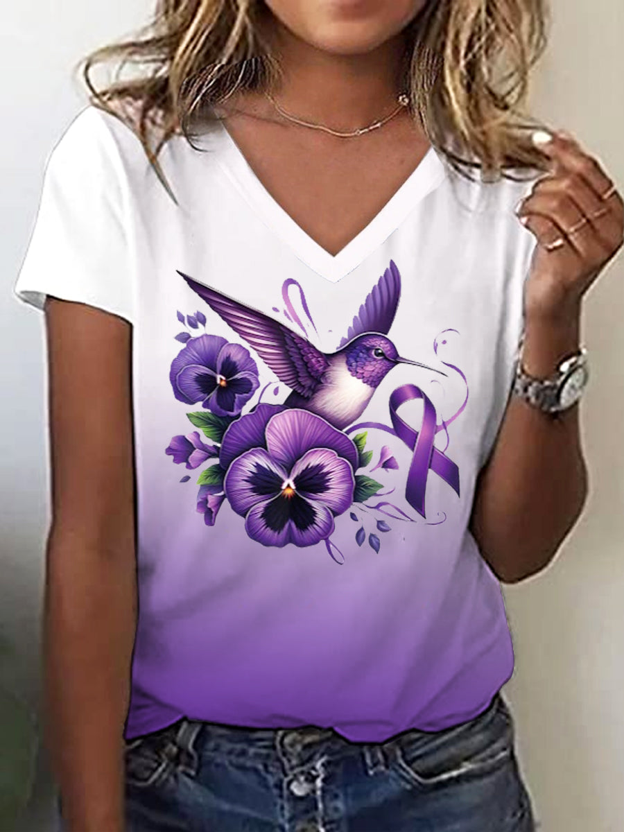 Women's Hummingbird Holding Purple Pansy Purple Alzheimer Awareness T-Shirt