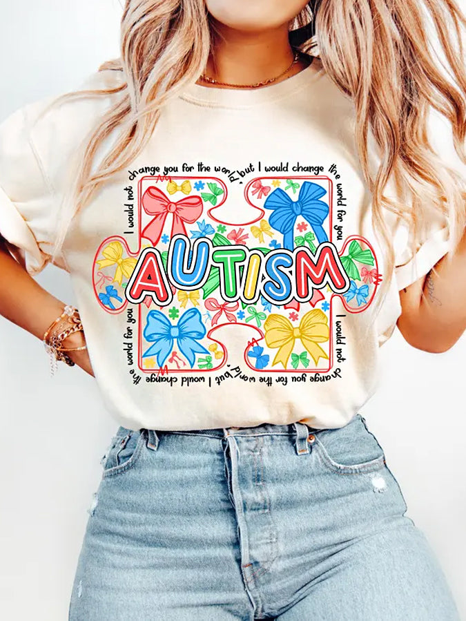 Women's Autism Awareness Coquette Print Retro Autism Bow,Autism Mama,Autism Supporter Tee