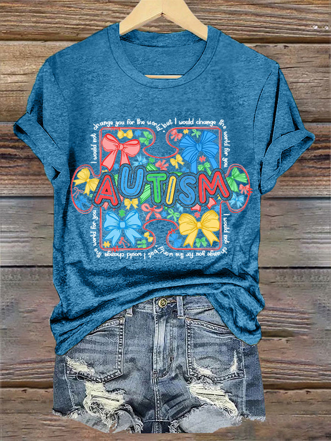 Women's Autism Awareness Coquette Print Retro Autism Bow,Autism Mama,Autism Supporter Tee