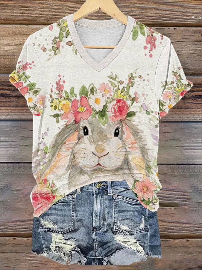 Women's Eatser Cute Bunny & Flowers Printed V-Neck Short Sleeve T-Shirt